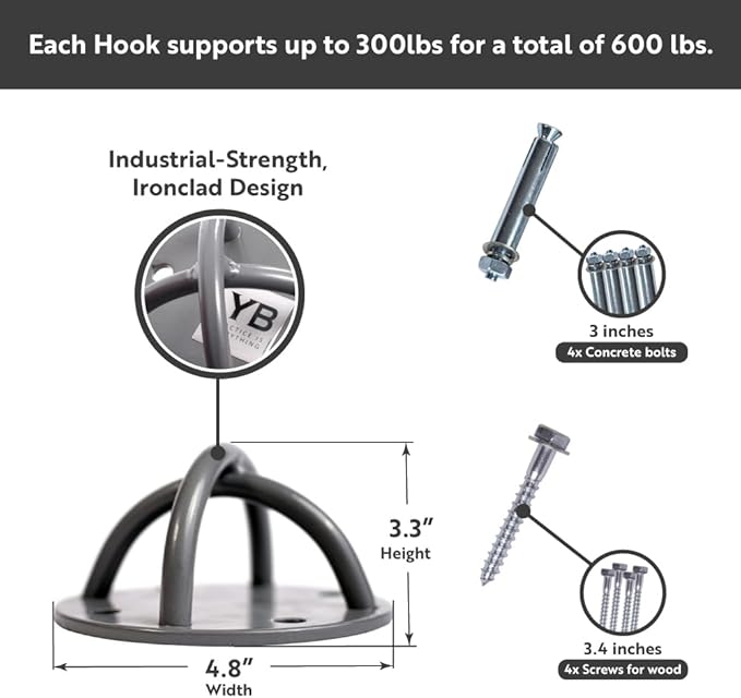 Ceiling Hooks - Industrial Strength Hold Up to 600 lbs, Includes Anchors & Bolts Yoga Starter Set - Suitable for Gym Rings, Suspensions, Indoor/Outdoor Use