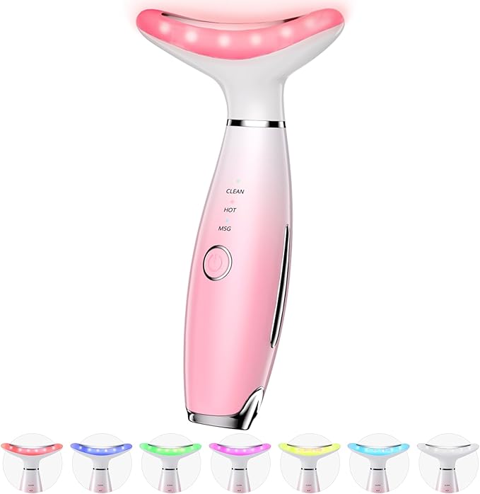 7 Color Galvanic Machines - Red Light Therapy for Face and Neck, Face Massager Tool for Wrinkles, Double Chin, Vibrating Facial Massager with Thermals, Pink