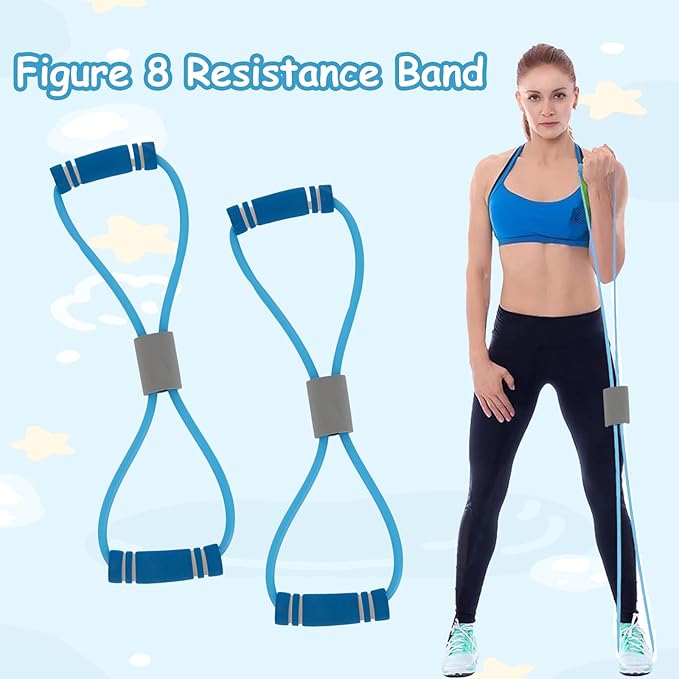 2 Pcs Figure 8 Resistance Band, Resistance Band with Handles, Suitable for Full Body Exercise, Strength Training, Flexibility, Exercise Elastic Rope, Suitable for Home, Gym (Blue)