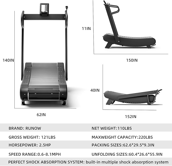 Exercise Treadmills,Manual Curved Treadmill ,Foldable, Non-Electric, Walking/Running Machine with LCD for Home & Office ,Black