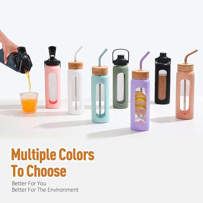 Kodrine Water Bottle with Straw, 24 oz Glass water Bottle with 2 Lids Bamboo Straw Lid and Spout Lid with Handle, 32 oz Clear Water Bottle Glass for Sports Travel, Waterbottle with Time Marker