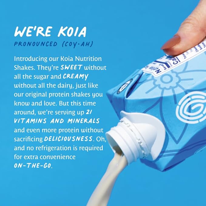 Koia Plant Based Protein Shake, Vanilla Bean, 20g Protein, 3g Sugar, 6g Prebiotic Fiber, 21 Vitamins & Minerals, Meal Replacement Drinks, Dairy-Free, Gluten-Free, Non-GMO, 11 Fl Oz (Pack of 18)