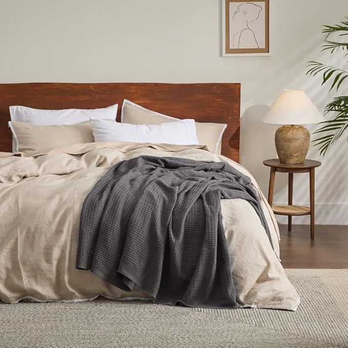 Bedsure 100% Cotton Blanket Twin XL Size for College Dorm - Breathable and Soft, Waffle Weave Twin Blanket for Summer, Dorm Room Essentials, Dark Grey, 66x90 inches