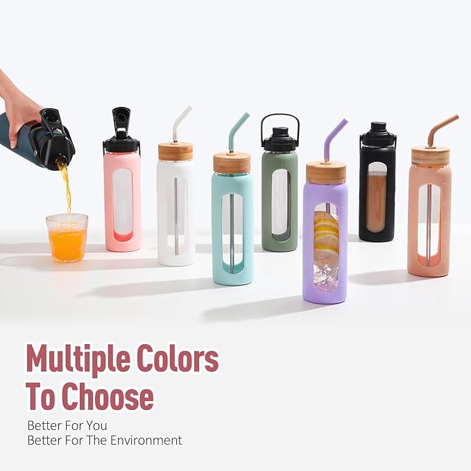 Kodrine Water Bottle with Straw, 24 oz Glass water Bottle with 2 Lids Bamboo Straw Lid and Spout Lid with Handle, 32 oz Clear Water Bottle Glass for Sports Travel, Waterbottle with Time Marker