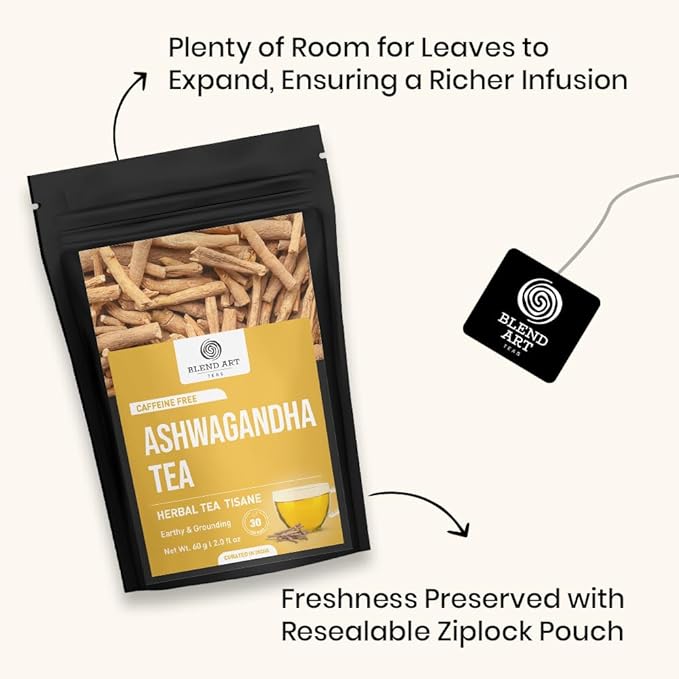 BlendArt Teas - Ashwagandha Root TeaBags - 30 Count - Pyramid Tea Bag |Ancient Adaptogen Superfood for Men and Women | Helps in Relive Stress | Promote Cleansing & Wellness | Caffeine Free | Ziplock Pouch