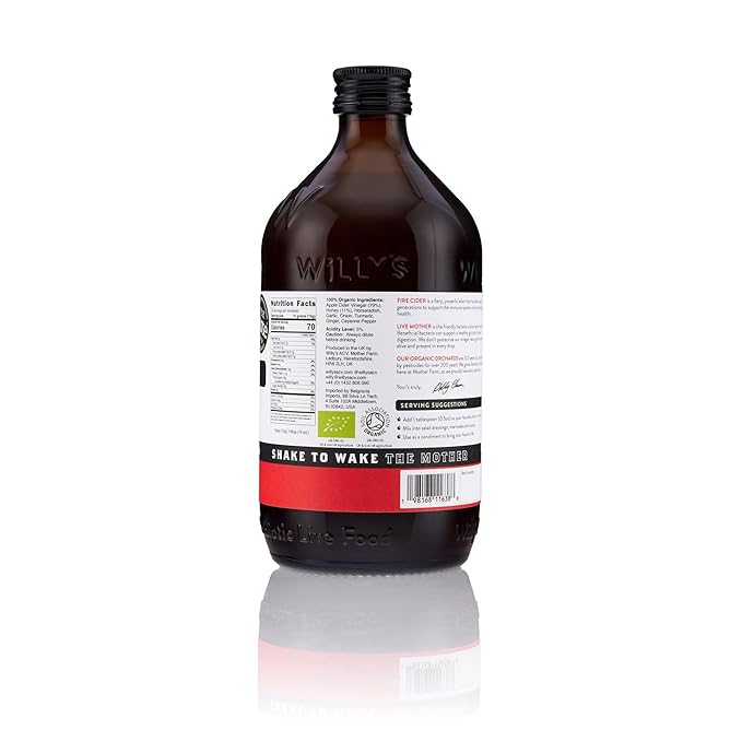 WILLY'S Organic Live Fire Cider with Mother - Apple Cider Vinegar with Horseradish, Garlic, Onion, Turmeric, Ginger, Honey and Cayenne Pepper. Probiotocs for Gut Health. 16.9oz Glass Bottle.