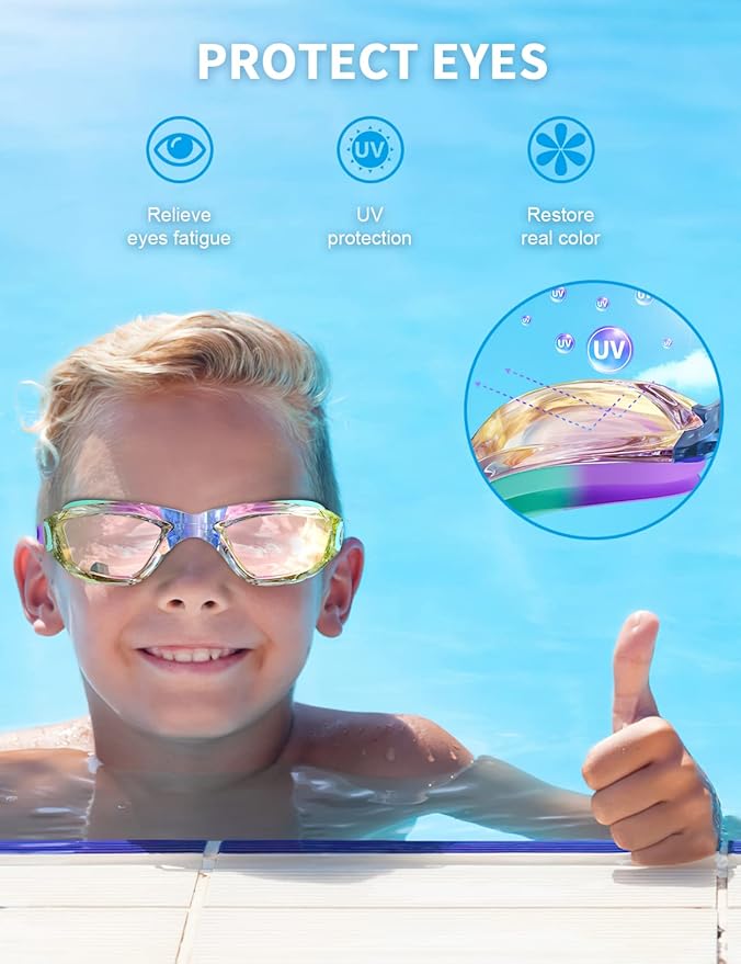 Kids Swim Goggles, Swimming Goggles for Kids with Nose Clip, Earplugs, Nose Bridge for Age 3-15