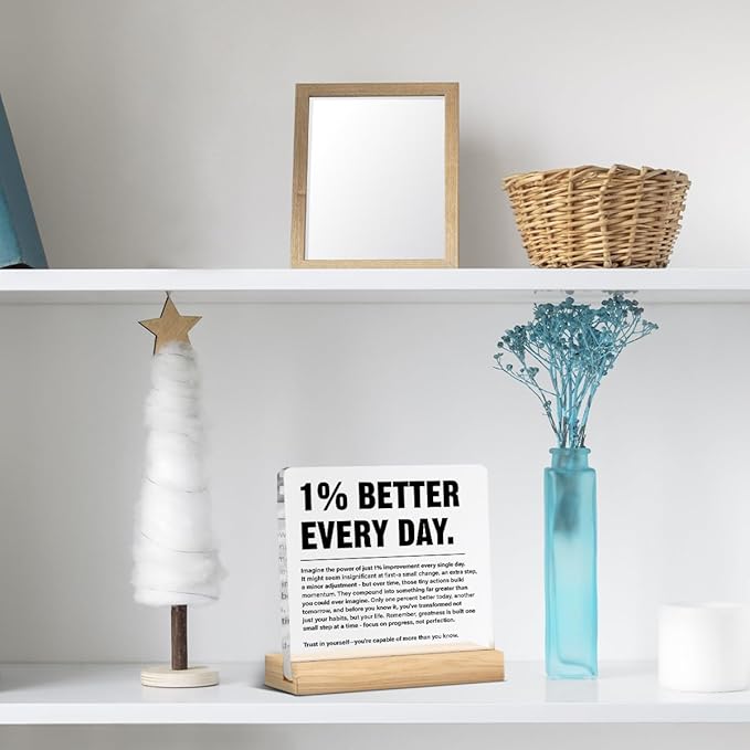 Inspirational Home Office Decor 1% Better Every Day Acrylic Plaque Sign for Office Gym Classroom, Growth Mindset Self Improvement Gifts for Coworker Employee Friend