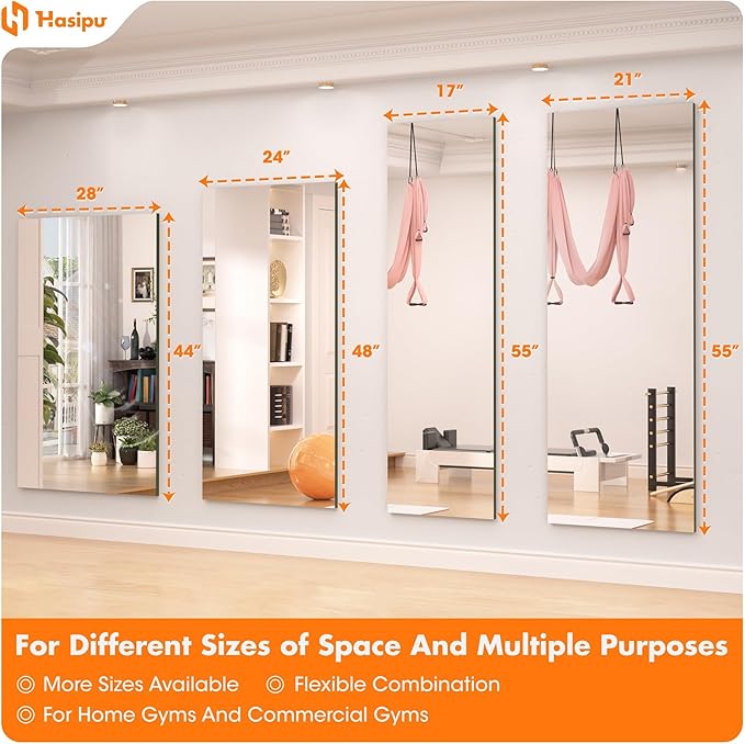 Hasipu Home Gym Mirror 55" L x 21" W - 3PCS Large Full Body Mirror for Yoga, Wall-Mounted Mirrors for Fitness, Garage, Dance Studio, 0.16in Tempered Glass Frameless