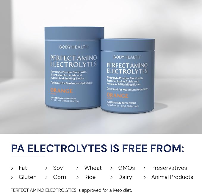 BodyHealth PerfectAmino Electrolytes Powder No Sugar, Keto Sugar Free Fasting Electrolytes Drink Mix, Hydration Powder with Trace Minerals - Orange - 60 Servings