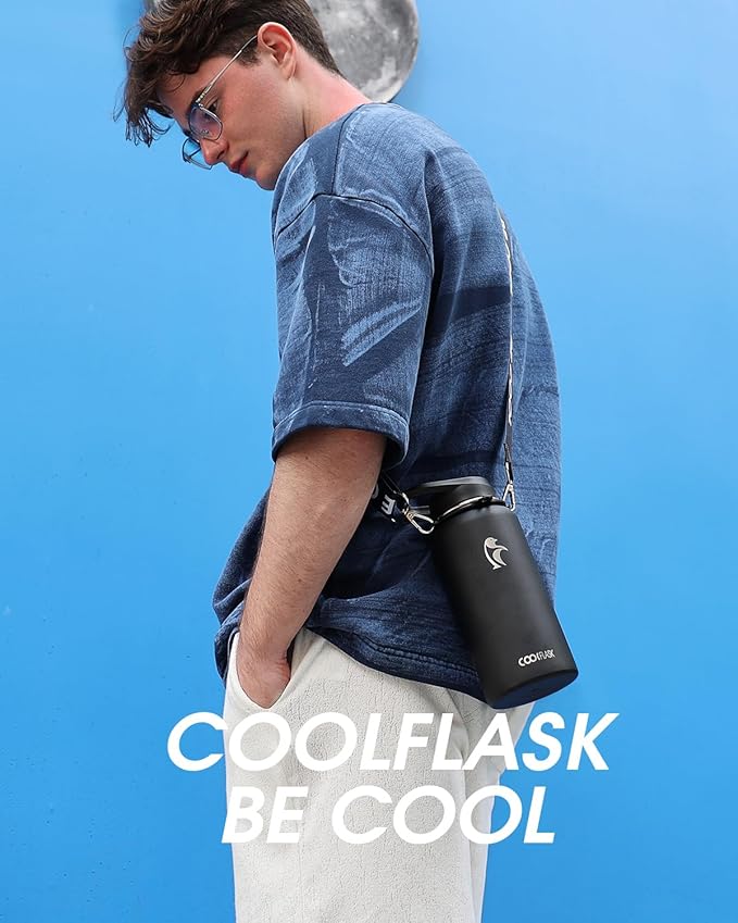 Coolflask 32 oz Water Bottle with Strap, Insulated Metal Water Flask with Straw & Spout Lids, Stainless Steel Double Wall Vacuum, Keep Cold 48h Hot 24h, Leak Proof & Non-BPA, Magic Black