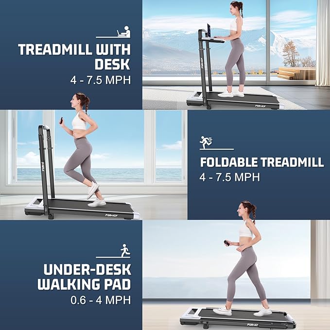 Walking Pad Treadmill with Desk Workstation, 10% Incline Foldable Treadmill with Handrail, 300lbs Capacity, 3 Control Methods, 8 in 1 Folding Treadmills for Home Office