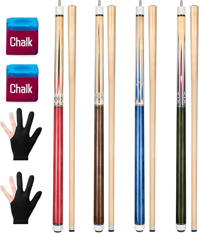 Pool Cue, 4 Pcs Pool Cue Stick 18 19 20 21 oz 4 Sets Cue Sticks 58 inch Pool Cues Adult Canadian Maple Wood Billiard Stick