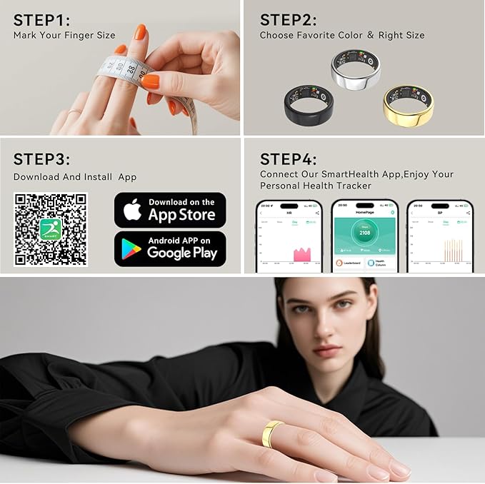 Smart Rings for Women Men,Fitness Tracker Ring,Heart Rate,Blood Oxygen,Blood Pressure,Step Tracker,Sleep Monitoring,No Subscription Fee,IP68 Waterproof Smart Ring for iPhone&Android(Gold 9)