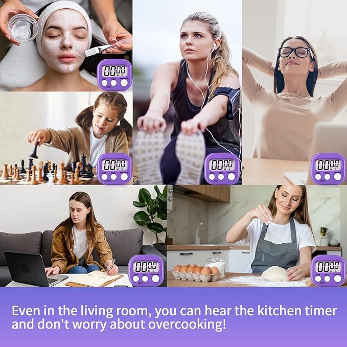 2 Pack Purple Digital Kitchen Timer Magnetic Digital Timer with Big Display Loud Ring Cooking Timers for Kitchen Electronic Timers for Cooking, Game, Gym, Break Time, Classroom (2, Purple)