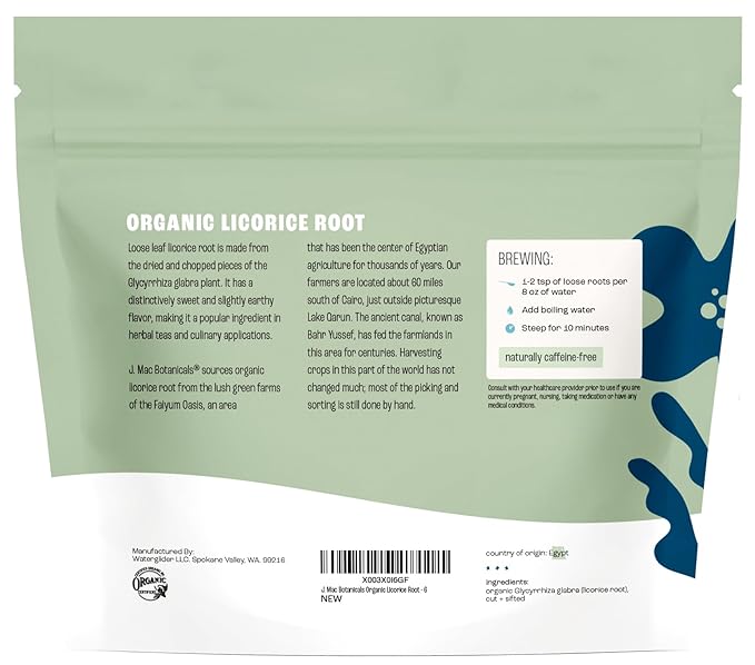 J Mac Botanicals Organic Licorice Root Tea, Cut and Sifted, Dried Herb, regaliz raiz organico