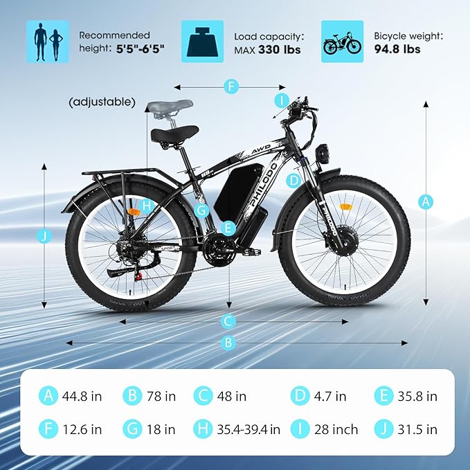 60V 26AH Battery Electric Bike,5000W Dual Motor Ebikes for Adults,Full Suspension Electric Bicycle,26x4 Fat Tires for All Terrain Dirt Bike,21-Speed Gear Electric Mountain Bike