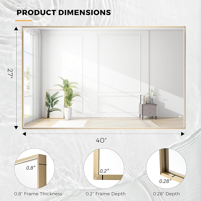 27x40 Inch Brass Bathroom Mirror for Wall, Aluminum Frame Rectangle Rectangular Vanity Mirror, Modern Large for Bedroom, Living Room, Horizontal or Vertical