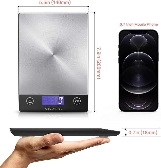 CROWNFUL Food Scale, Rechargeable 304 Stainless Steel Digital Kitchen Scale Upto 33lb Weight Grams and Ounces with LCD Display and Type-C Charging for Baking and Cooking