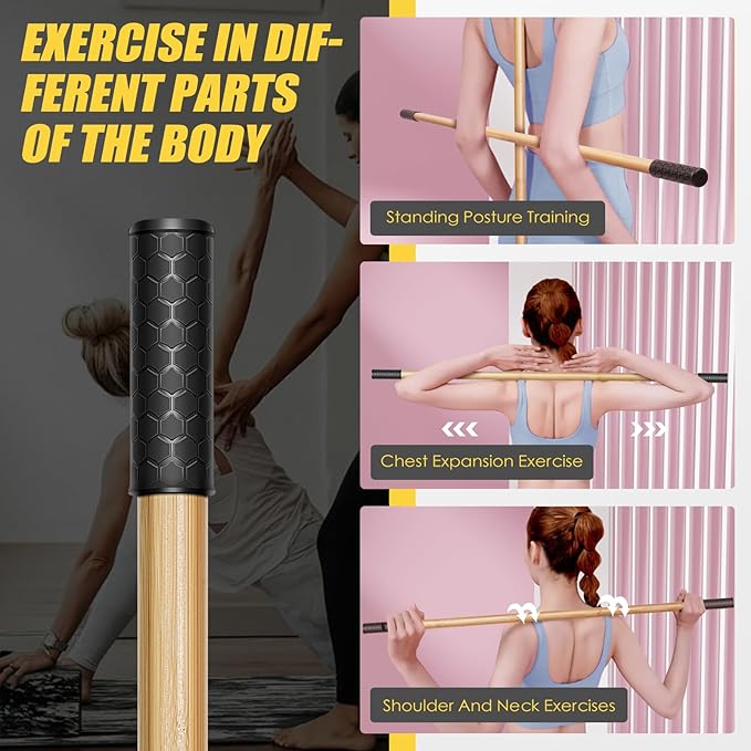 Bamboo Stretch Yoga Stick, 5ft/149 cm, Flexibility Stick for Physical Therapy, Premium Yoga Dowel with Super Sturdy Rubber Handle Ends, Exercise Bar for Posture Corrector