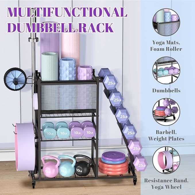 Mythinglogic Dumbbell Rack for Home Gym, Weight Rack for Dumbbells, Multifunctional Yoga Mat Holder for Barbell plates and Kettlebells, Home Gym Storage Rack with Casters