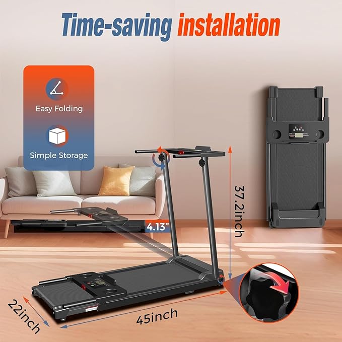 Treadmill with Handles, Portable Small Treadmills for Home and Office, 3.0HP Folding Walking Pad with 300 lbs Capacity, Cup Holder, LED Display and 12 Preset Programs