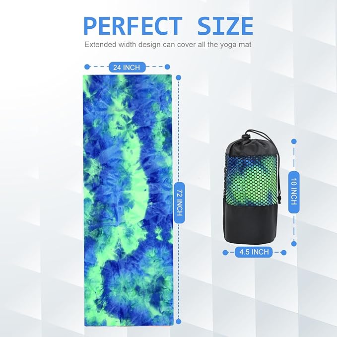 Eunzel Yoga Towel,Hot Yoga Mat Towel with Grip Dots Sweat Absorbent Non-Slip for Hot Yoga, Pilates and Workout 24" x72", Green & Blue