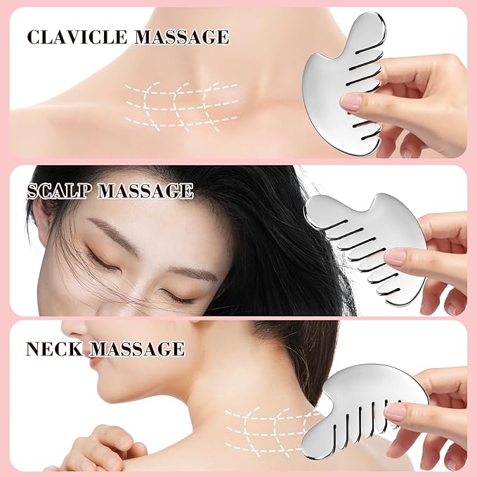 Gua Sha Facial Tool and Face Roller Set, Stainless Steel Lymphatic Drainage Massager for Face, Head, Eyes, Chin and Jaw, Lifting, Massage Scraping with Travel Pouch