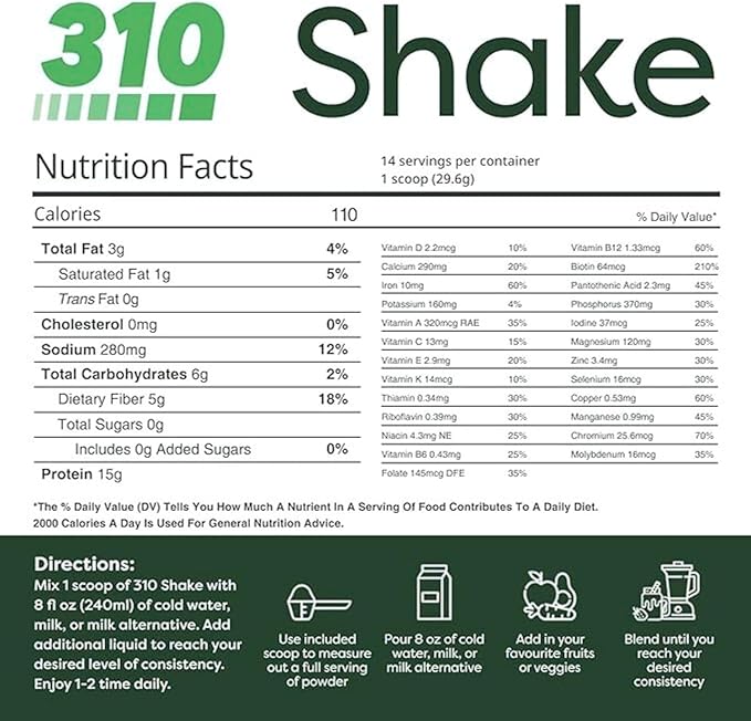 310 Nutrition All-In-One Meal Replacement Shake Powder - Plant-Based Protein Smoothie Blend w/High Fiber, Probiotics & Adaptogens - Low Carb, Vegan, Keto & Paleo Friendly - Chocolate Mint - 14 Srv