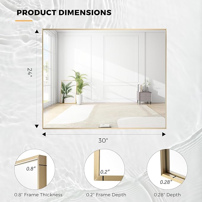 24x30 Inch Brass Bathroom Mirror for Wall, Aluminum Frame Rectangle Rectangular Vanity Mirror, Modern Large for Bedroom, Living Room, Horizontal or Vertical