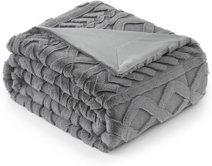 Cozy Bliss Faux Fur Throw Blanket for Couch, Jacquard Fuzzy Plush Soft Thick Winter Throw Blanket for Sofa Bed Living Room Bedroom,50"x60" Grey