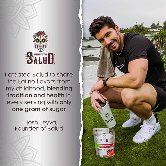 Salud 2-in-1 Energy Drink Powder + Focus, Hibiscus, Organic Caffeine, B6 + B12, Theanine, Clean Energy Drink Packets, Jamaica Agua Fresca Mix, Non-GMO, Gluten Free, Vegan, 1g of Sugar, (15 Servings)
