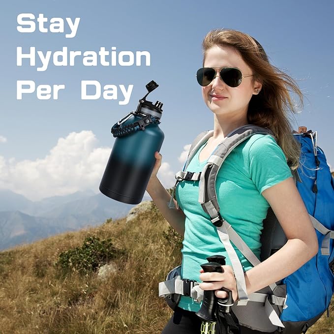 Insulated Water Bottle 64 oz, Half Gallon Water Jug Cold 48H, BPA Free Stainless Steel Bottles with Straw/Chug 2-in-1 Lid, Bag, Paracord Handle, Silicone Boot, Sports Gym School Metal Flask