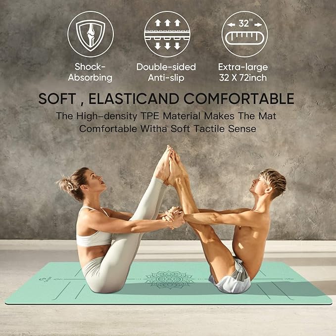 Yoga Mat Non Slip TPE Extra Wide Yoga Mat with Alignment Mark, 72"L x 32"W x 0.32"/0.24"Th (183cm x 81cm x 8mm/6mm), Anti-Tear Exercise Mat with Carrying Strap and Bag, Workout Mats for Yoga, Pilates