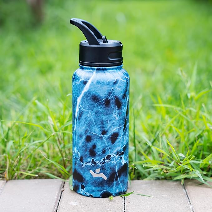 22oz Stainless Steel Bottles with 3 Lids Sport Insulated Water Bottle,Marble Ocean