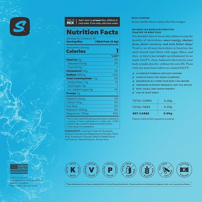 Keto Chow SALTT Electrolytes Powder Packets, Blue Slushies (30 Hydration Packets) - Magnesium, Potassium, Sodium, Trace Minerals - Vegan, Sugar Free, Gluten Free - Travel Essentials - Made in USA