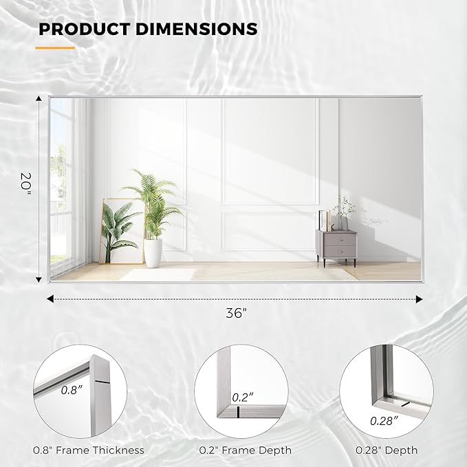 20x36 Inch Nickel Bathroom Mirror for Wall, Aluminum Frame Rectangle Rectangular Vanity Mirror, Modern Large for Bedroom, Living Room, Horizontal or Vertical