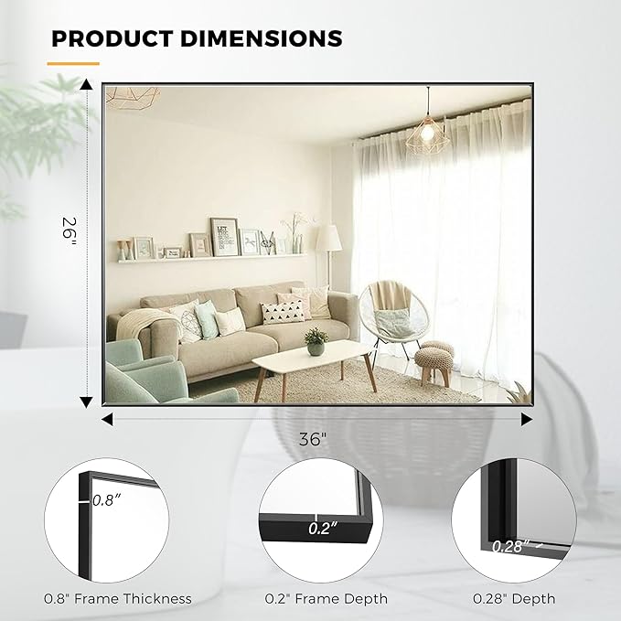 27x36 Inch Black Bathroom Mirror for Wall, Aluminum Frame Rectangle Rectangular Vanity Mirror, Modern Large for Bedroom, Living Room, Horizontal or Vertical