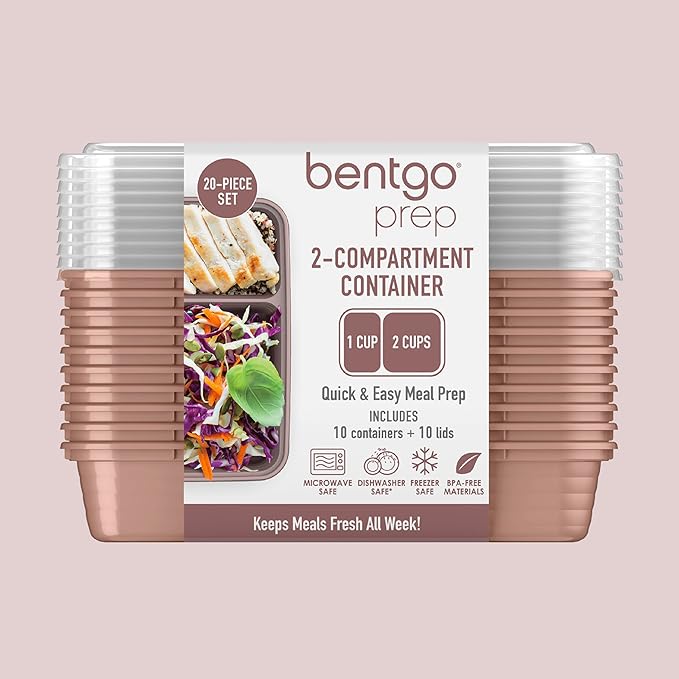 Bentgo 20-Piece Lightweight, Durable, Reusable BPA-Free 2-Compartment Containers - Microwave, Freezer, Dishwasher Safe - Rose Gold