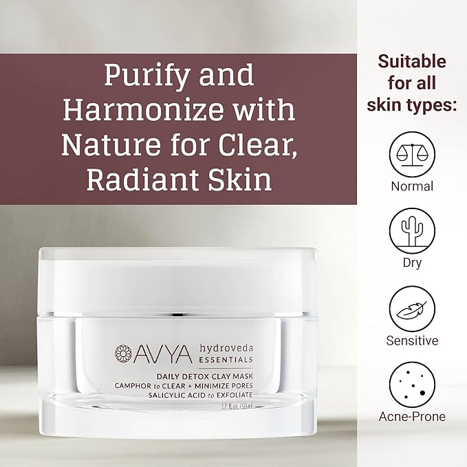 AVYA Hydroveda Essentials Daily Detox Clay Mask (1.7oz) - Bentonite Clay Treatment for Blemishes & Calming Camphor for Inflammation/Remove Impurities and Cleanse Pores