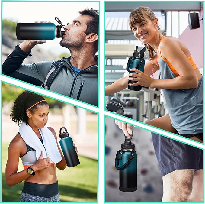 32/40/64/128 oz Insulated Water Bottle with straw & Spout Lids Keep Cold 48H Hot 24H, Large Water Flask Bottle with Shoulder Carrier Bag, Paracord Handle & Boot for Gym, Workout & Beach