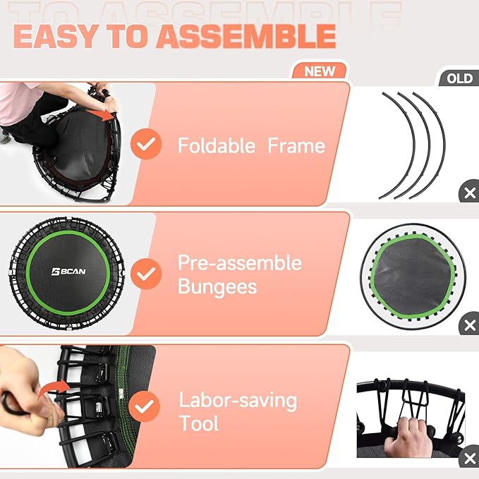 BCAN 40"/48" Foldable Mini Trampoline with Resistance Band, 450 LBS Adult Fitness Trampoline with Bungees, U Shape Adjustable Foam Handle, Stable & Quiet Indoor/Garden