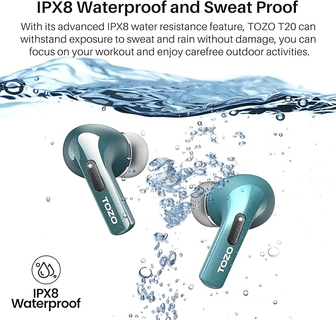 TOZO T20 Wireless Earbuds Bluetooth Headphones 48.5 Hrs Playtime with LED Digital Display, IPX8 Waterproof, Dual Mic Call Noise Cancelling 10mm Broad Range Speakers with Wireless Charging Case Green