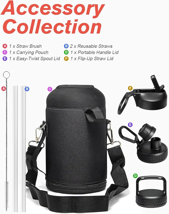 64 oz Insulated Water Bottle with Straw & 3 Lids, Coolflask Half Gallon Water Jug Large Metal Stainless Steel Wide Mouth for Sports, Gym or Office, Non-BPA Keep Cold 48H Hot 24H, Knight Grey