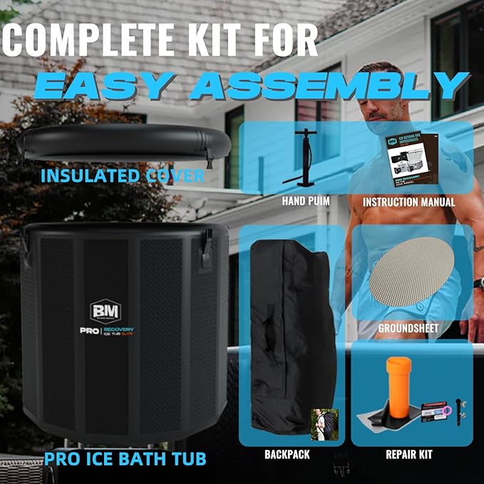 Inflatable Ice Bath Tub for Athletes - Cold Plunge Tub Compatible Water Chiller, Insulated Lid, EVA Groundsheet, Backpack, 130 Gallon, 39" L x 39" W x 35.4" H