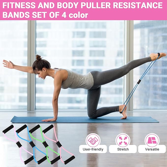 Figure 8 Shaped Resistance Bands -4-Pack Workout Bands with Handles Figure, 8 Exercise Bands for arm Shoulder Stretching, Leg Stretching, Yoga, Pilates, Home Gym Workout Equipment for Women Men