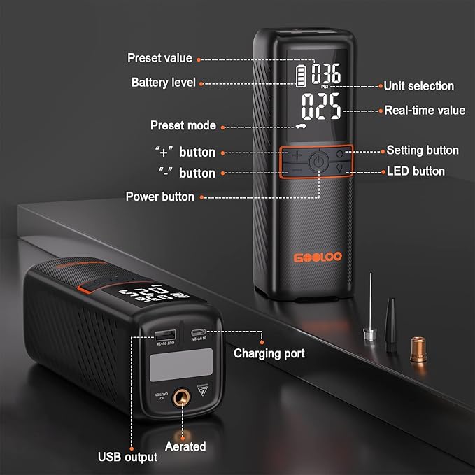 GOOLOO GT160 Tire Inflator Portable Air Compressor, 160PSI Portable Air Pump for Car Tires, 7500mAh Cordless Air Pump with Digital Pressure Suitable for Cars, Bikes, Balls, Motorcycles