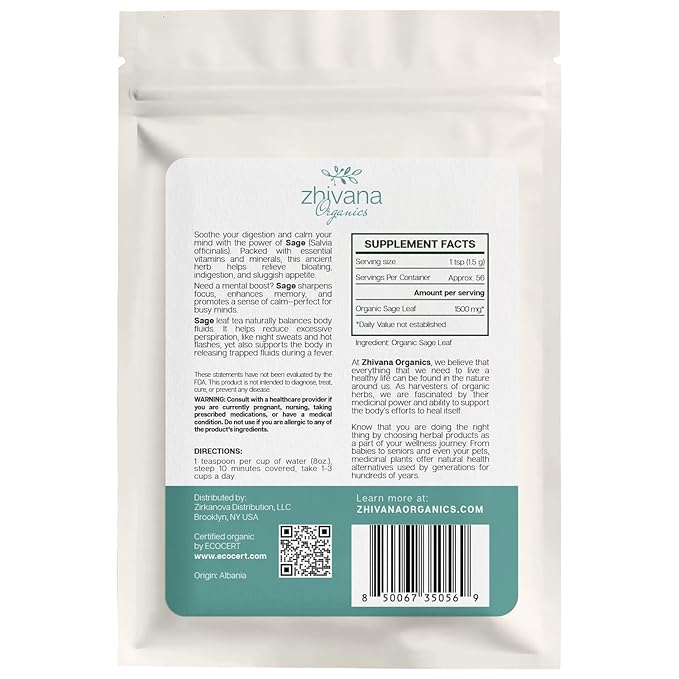 Organic Sage Leaf (4 oz.) (Salvia officinalis) ā Loose Dried Leaves ā Edible Grade for Tea, Seasoning & Herbal Uses