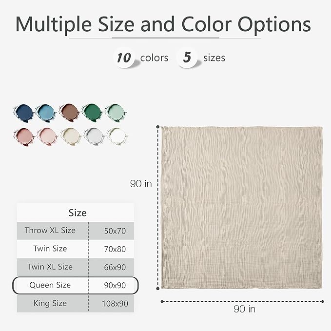 Carriediosa 100% Cotton Muslin Throw Blanket 90" X 90" Queen Size,4-Layers Summer Gauze Throws for Bed Couch,Soft Lightweight Breathable Linen Blankets Bedspread for Adults All Season,Khaki