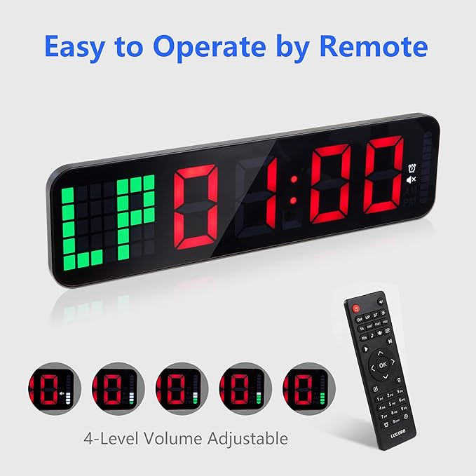 Gym Timer - Large Digital Gym Clock Wall with Interval Time Progress Bar, Countdown/Up Stopwatch, Remote Control for Home Gym Garage Boxing Crossfit